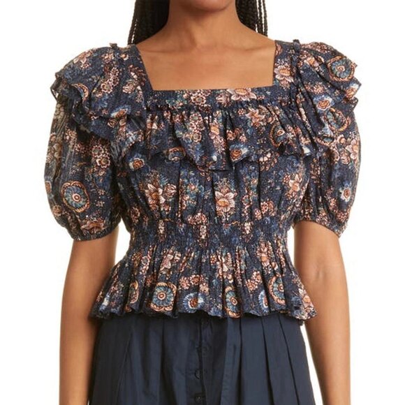 ULLA JOHNSON Warner Floral Ruffle Puff-sleeve Peplum Blouse In Multi - Picture 1 of 6